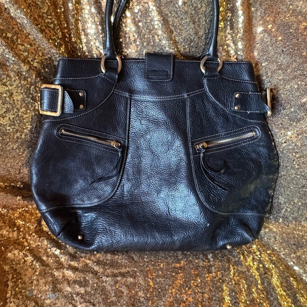 Dkny Black Shoulder Bag with Distressed Leather and Double Handles